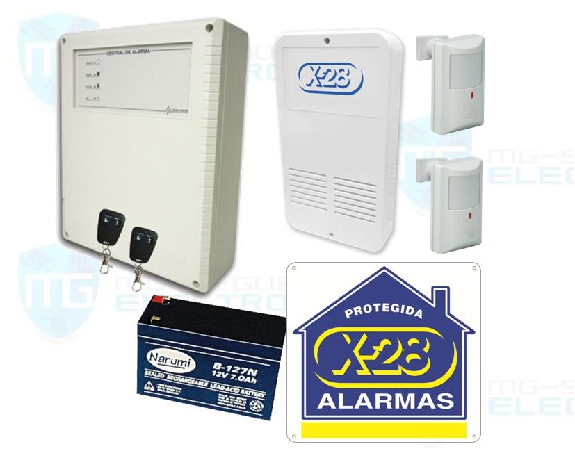 Central, 2 controles remotos, batería, 2 sensores para interior y sirena para interior